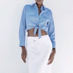 Zara Linen Blend Blue and White Striped Button Down Tie Front Shirt